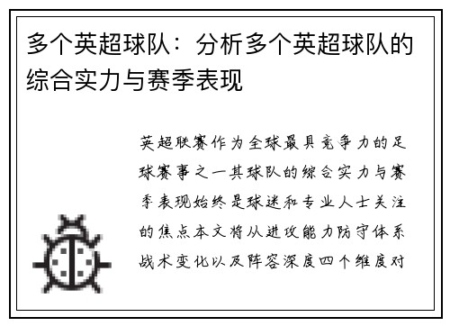 多个英超球队：分析多个英超球队的综合实力与赛季表现